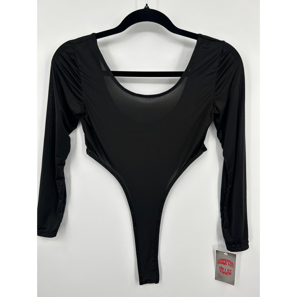 Black High Cut Long Sleeve Bodice Mesh Sleeve Bodysuit Small - Picture 9 of 10